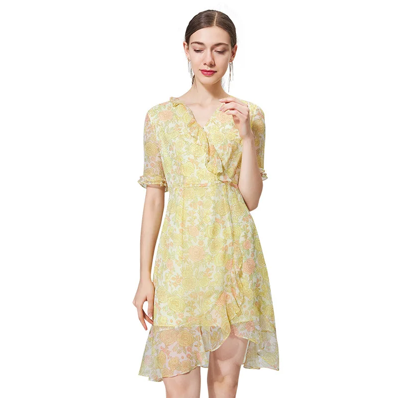 

2021 summer new floral dress Short Sleeve Ruffle V-neck waist slim silk skirt