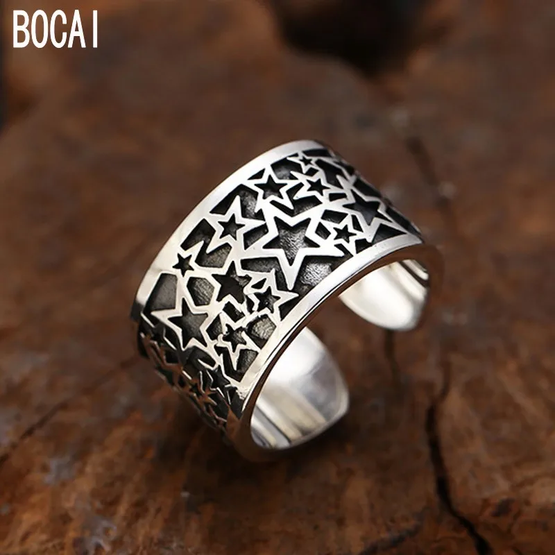 

100% S925 pure silver ring for male personality wide version men's silver ring Thai silver five-pointed star ring for students