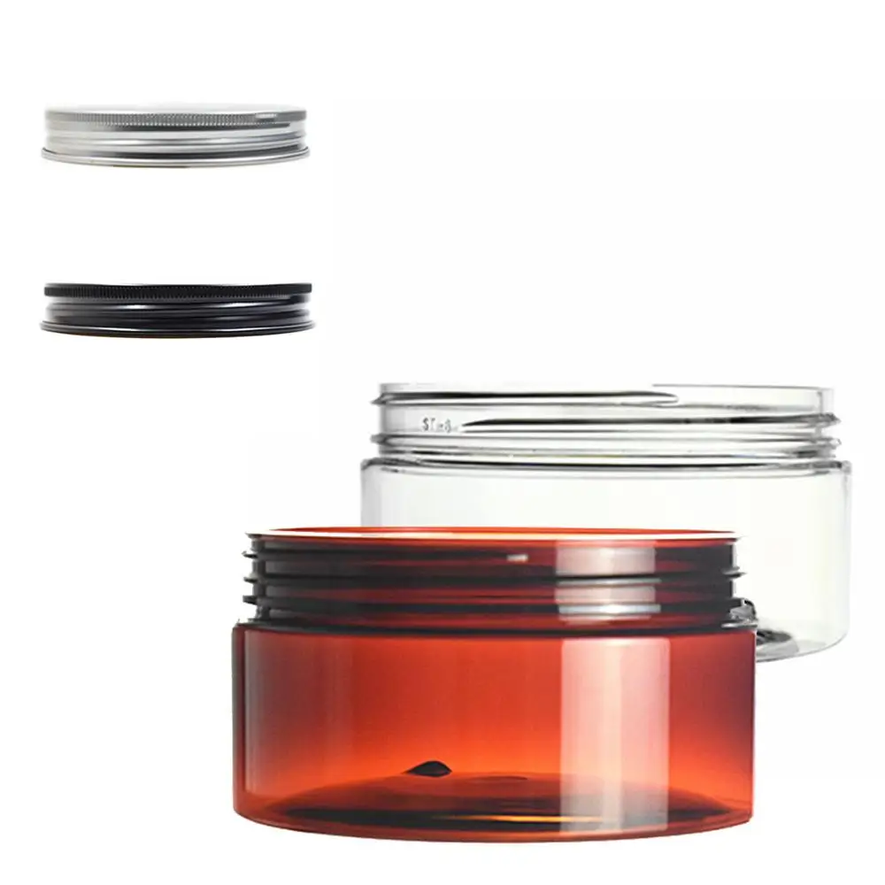 

200ml clear/amber round pet jar bottle container with sliver/black aluminium cap lids for Cosmetic,food, Packaging,
