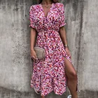 Женское длинное платье с V-образным вырезом, элегантное вечернее платье-трапеция макси с коротким рукавом и цветочным принтом, с разрезом, на пуговицах, весна-лето 2022