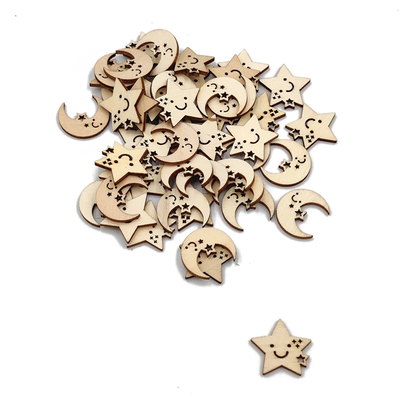 

50pcs Wooden Ornament Star & Moon Pattern Cartoon Creative Style Cute Artware Children Handmade DIY Crafts Home Decoration