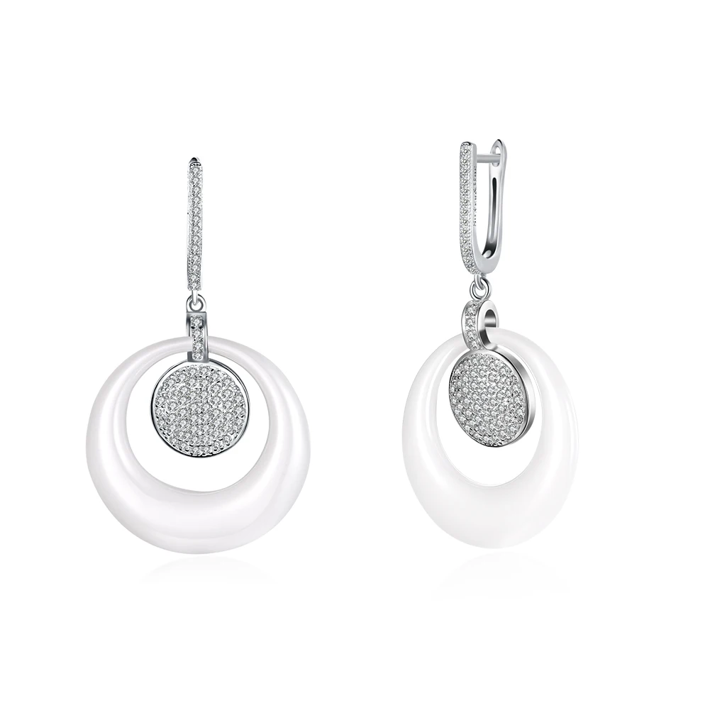 

ZEMIOR Romantic Round 925 Sterling Silver Drop Earrings For Women Full Cubic Zirconia Hanging White Ceramic Earring Jewelry