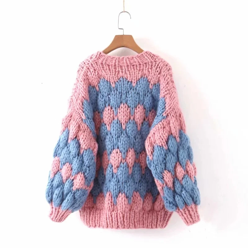 CHICEVER Hit Color Sweater For Women V Neck Lantern Long Sleeve Oversize Cardigans Female Autumn Winter Fashion New 2020 Clothes |