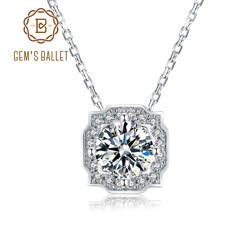 GEM'S BALLET 1.0ct VVS1 Brilliant Moissanite Diamond Pendant Necklace For Women 925 Sterling Silver Halo Wedding | Украшения и