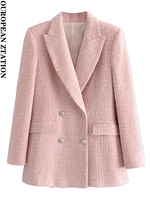 women textured double breasted tweed blazer ladys pink slim elegant blazer 2022 spring autumn long sleeve blazers veste femme