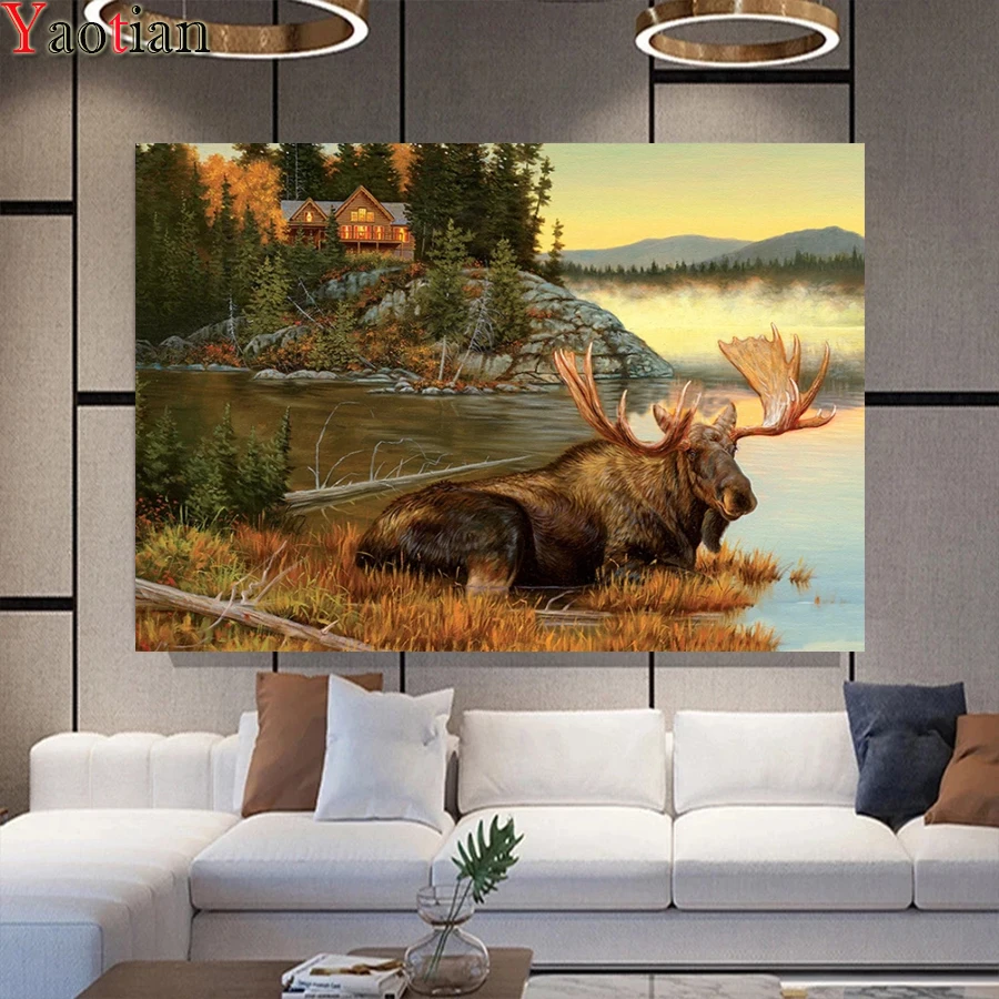 Алмазная мозаика с изображением лосят в воде полноразмерная круглая вышивка