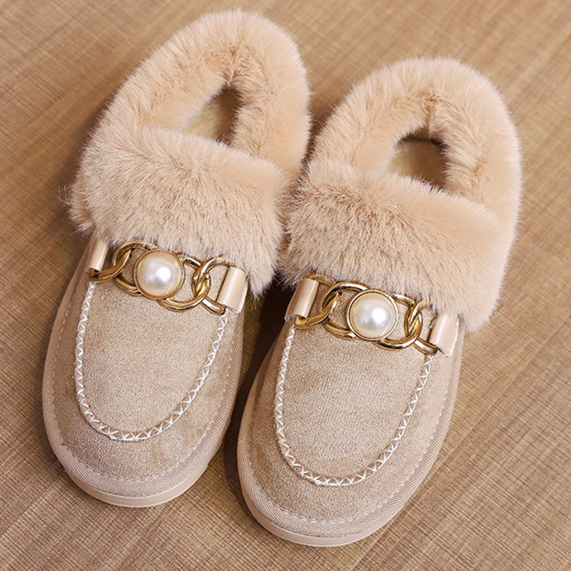 

Женские меховые лоферы, повседневные туфли на плоской подошве, с круглым носком, без застежки, с металлическим ремешком, с бусинами, плюшевы...