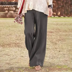 Женские широкие брюки ZANZEA, модные повседневные брюки с высокой талией, женские элегантные однотонные длинные брюки размера плюс, свободные брюки Palazzo 5XL
