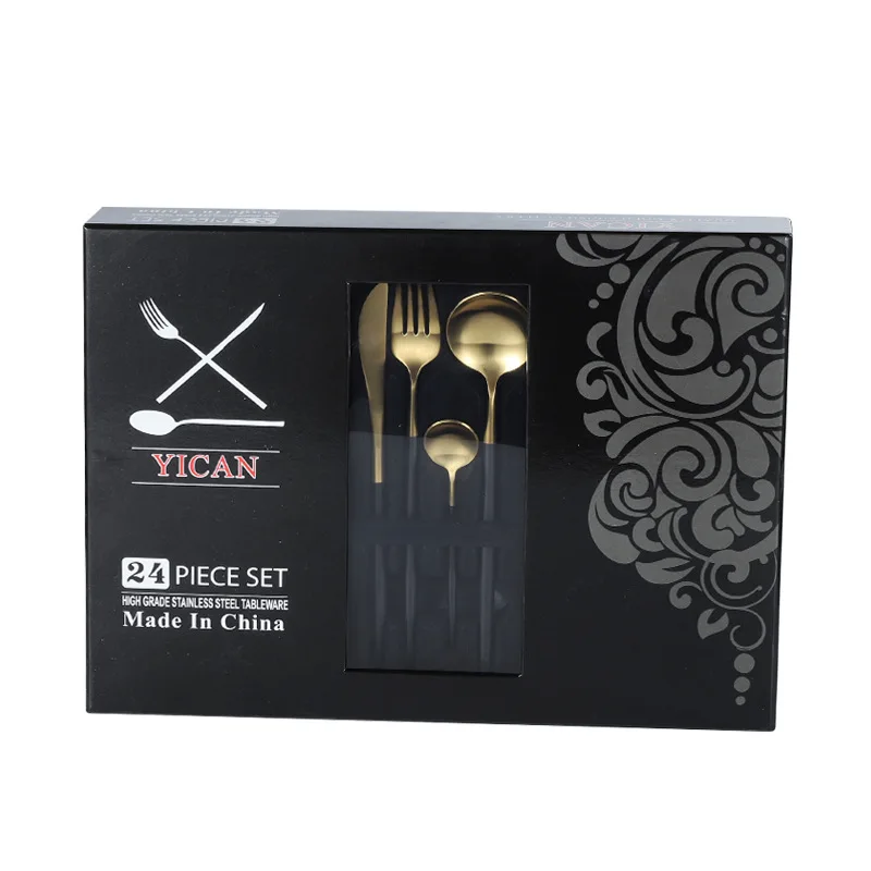 

Utensils Fork Knife Spoon black gold plated flatware stainless steel reusable cutlery 24pcs set with box