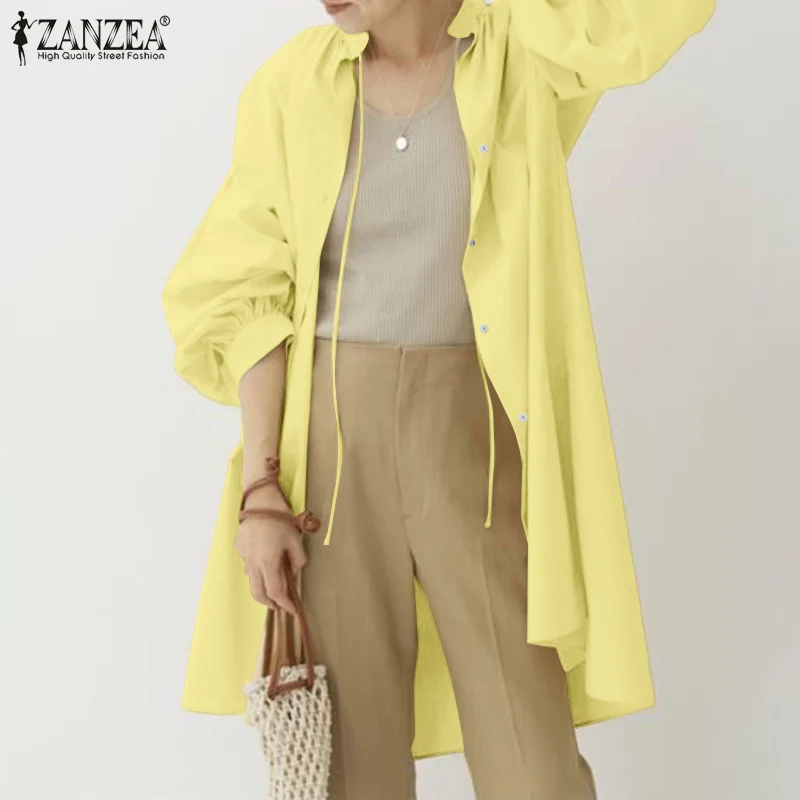 

Women Blouse ZANZEA Fashion Autumn Long Lantern Sleeve Solid Shirt Casual Split Hem Long Tops Loose Buttons Blusas Femininas