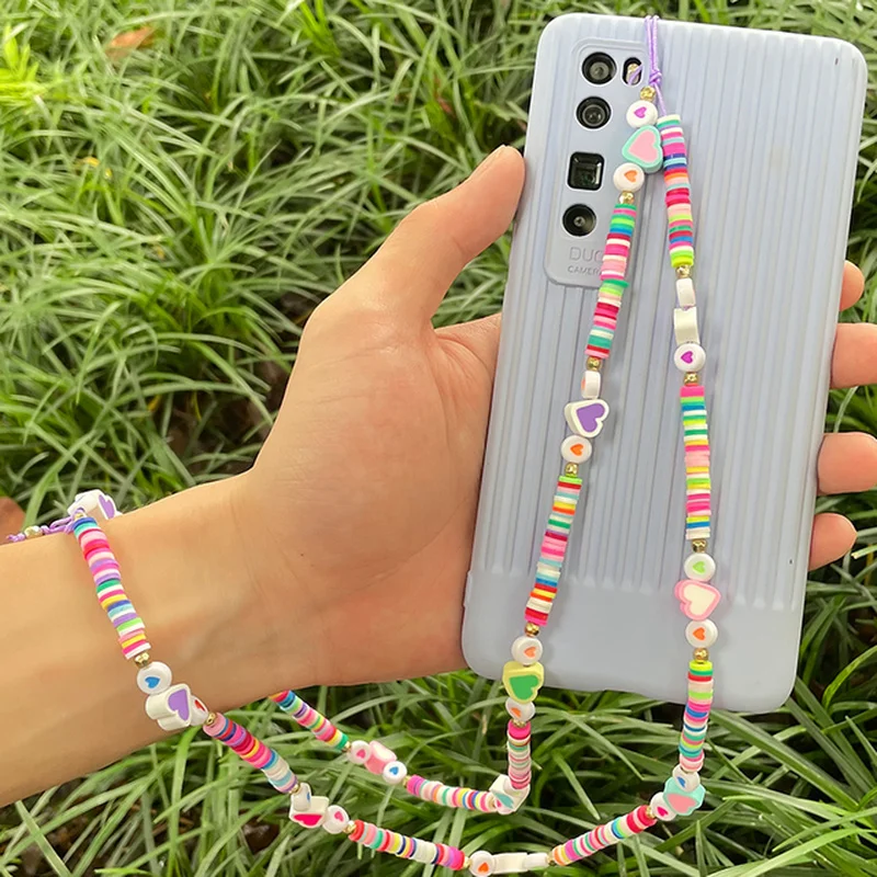

2021 New Long Phone Chain Colorful Bead Soft Pottery Acrylic Smiley Fruit Love Tassel Pendant Women Unisex Fashion Jewelry