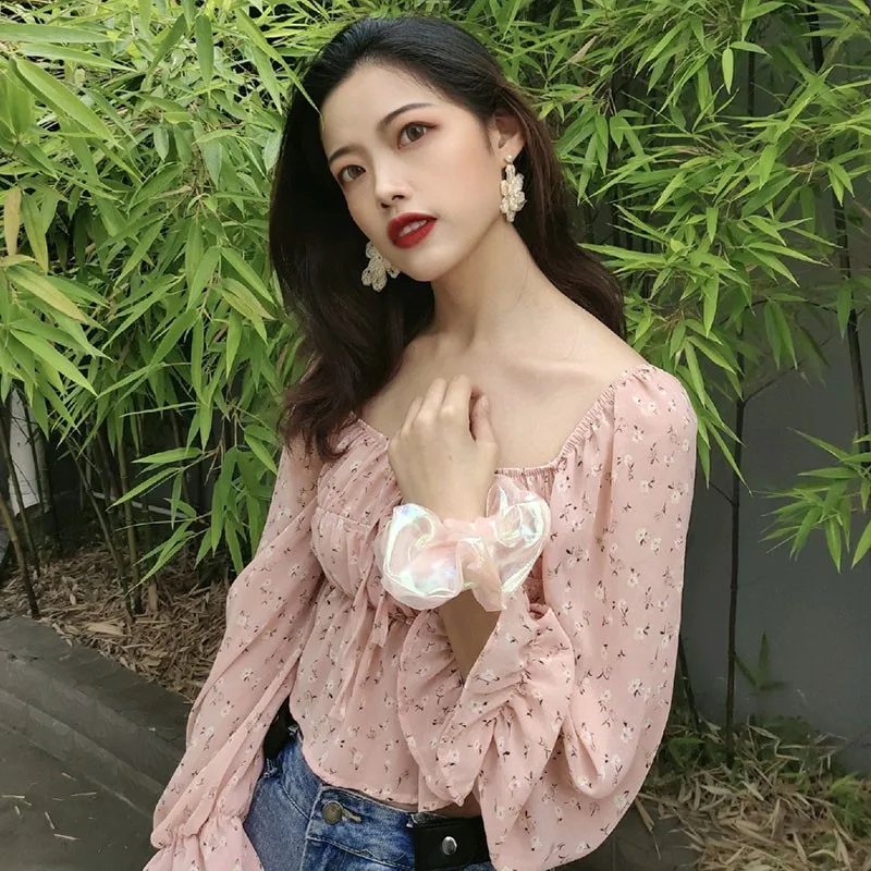 

Women Blouses Summer Korean Small Fresh Floral Shirt Slash Neck Top Puff Sleeve Short Long Sleeve Chiffon Blouse New