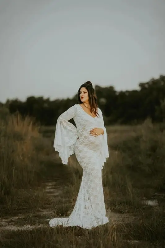 

Sexy V-neck Lace Maternity Shoot Dress Flare Sleeve Pregnancy Dresses For Photography Long Pregnant Women Maxi Gown Photo Props