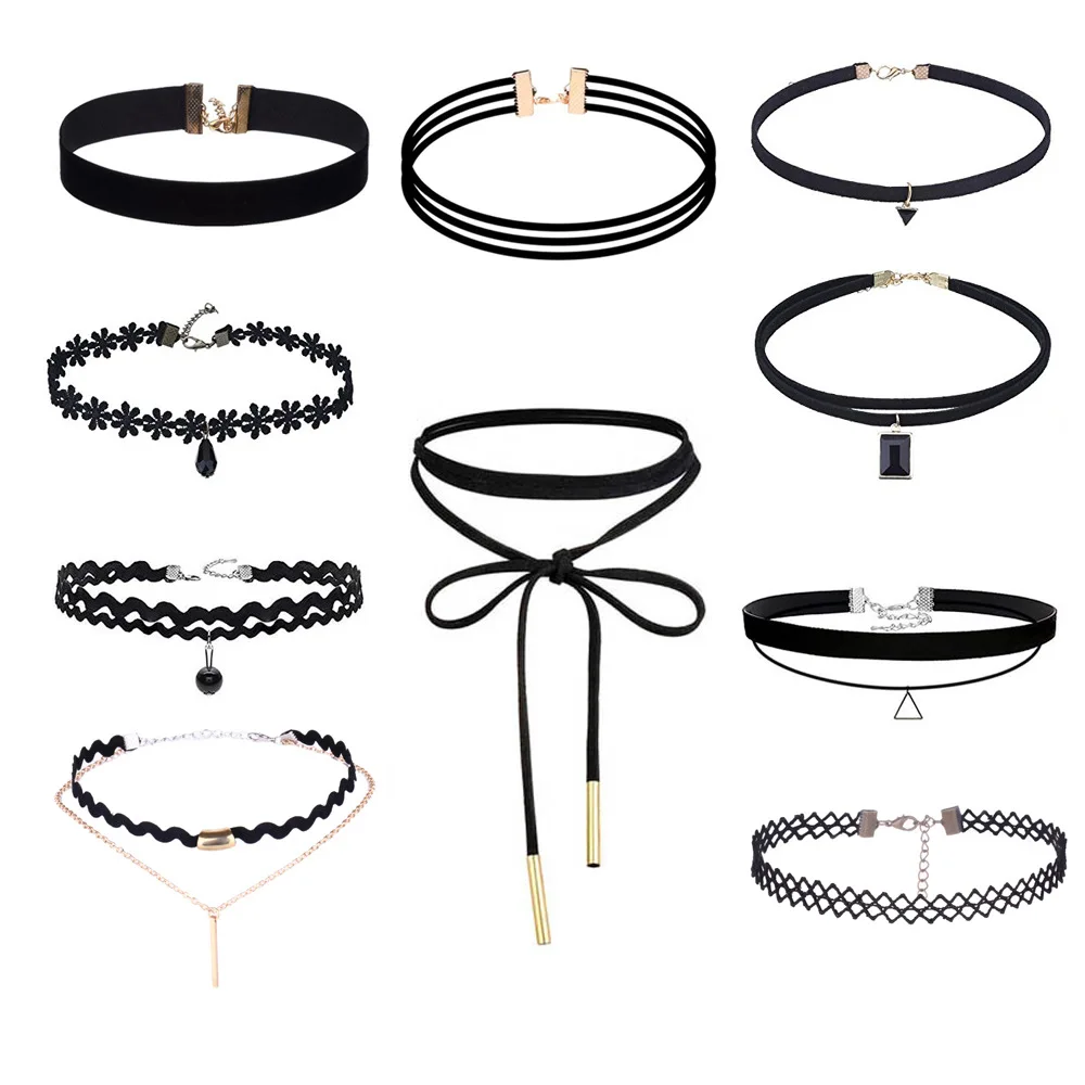Набор ожерелий-чокеров 4-22 шт./компл. ожерелья с черными кожаными и бархатными
