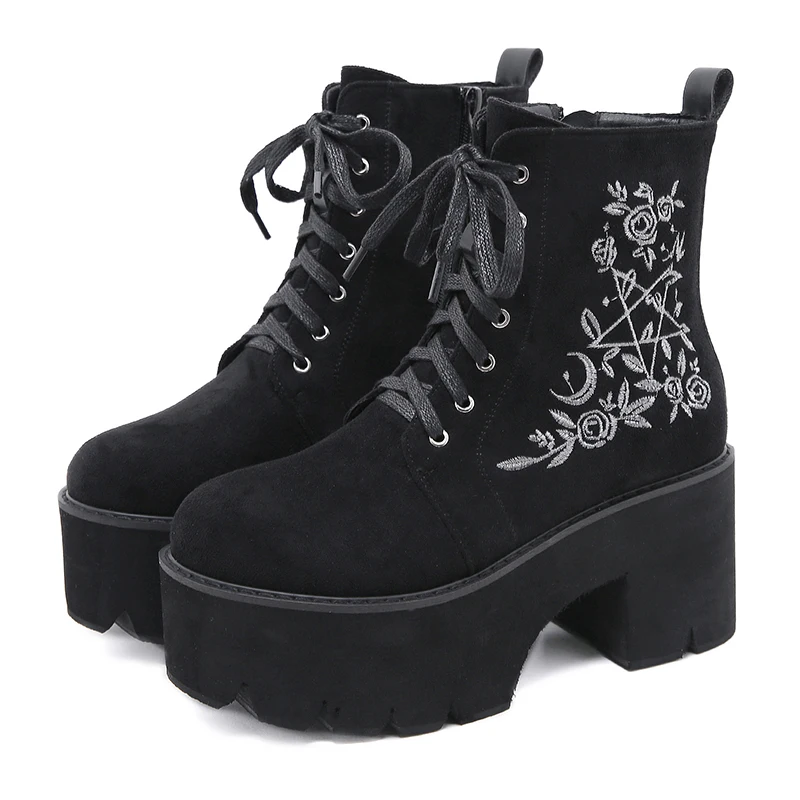 Fashion Flower Platform Boots Chunky Punk Suede Leather Womens Gothic Shoes Lace Up Back Zipper High Quality Black Boots Womens