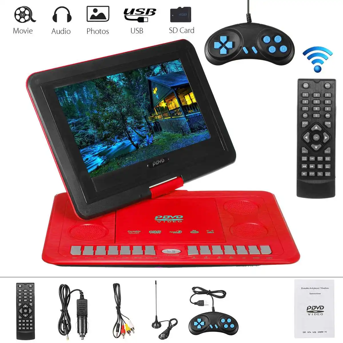 Красный 270 Вращение 13,8 дюймов портативный HD tv домашний автомобильный dvd-плеер VCD CD MP3 MP4 перезаряжаемый автомобильный dvd-плеер мультимедийный игровой плеер - Цвет: Красный