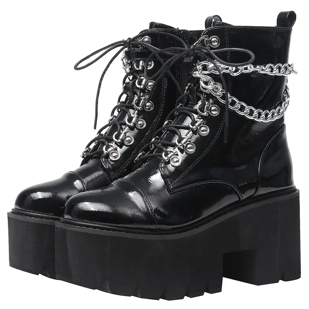 

Brand New Ladies Fashion Chunky High Heels Platform Combat Ankle Booties Women's Lace Up Rivet Motorcycle Boots Shoes Woman