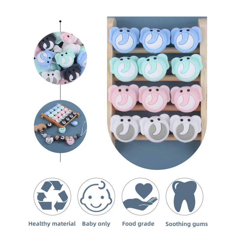 Kissteether-Cuentas de dentici&oacute;n de elefante sin BPA para beb&eacute;, accesorios de juguete para mordedor de grado alimenticio, 5 uds.-4