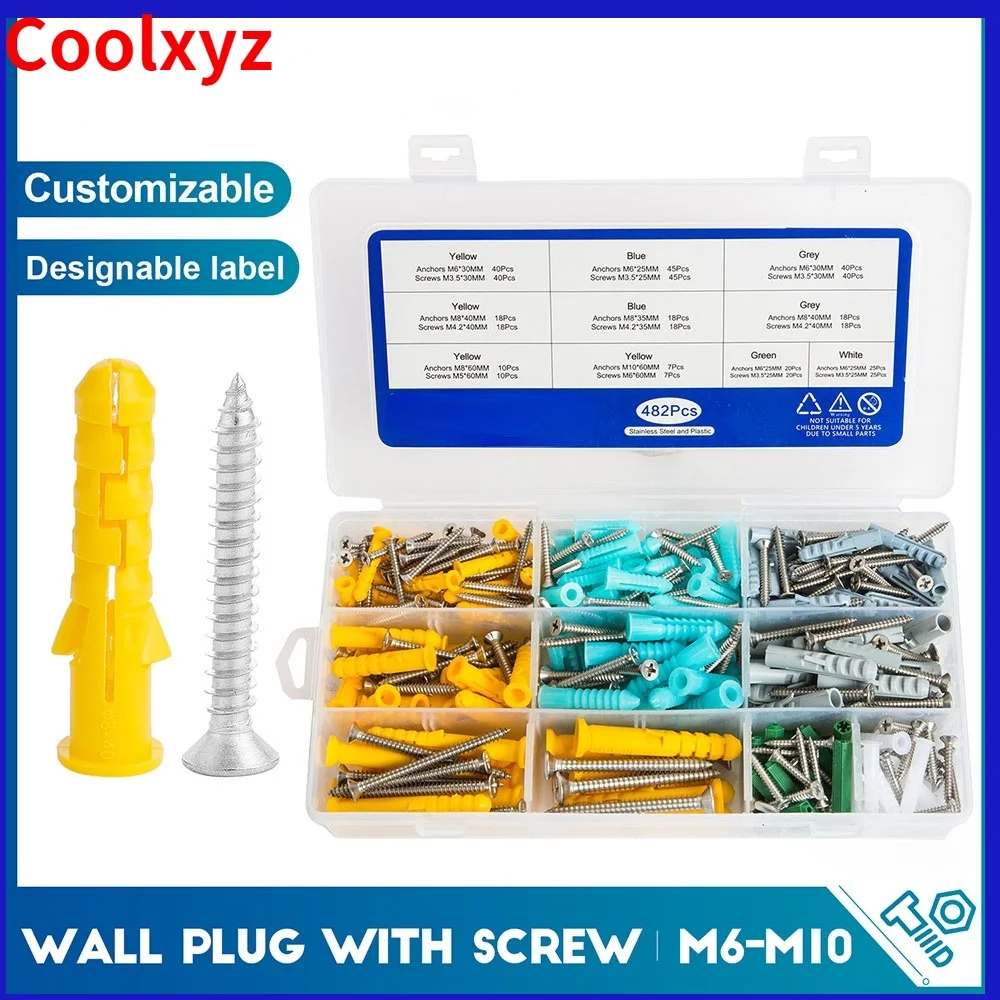 

482pcs/set Plastic Expansion Drywall Anchor Set with Self Tapping Screw M3.5 M4.2 M5 M6 Stainless Steel Expansion Tube