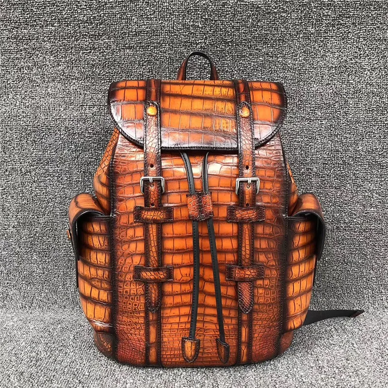 Подлинный мужской красный рюкзак из натуральной крокодиловой кожи на завязках