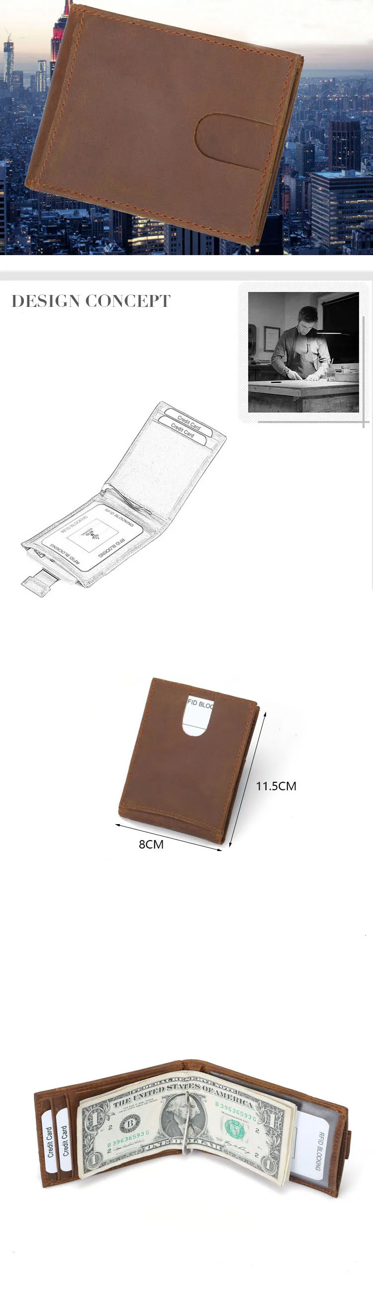 Мужской RFID блокирующий тонкий кошелек из натуральной кожи чехол для кредитных карт винтажный кошелек с магнитный зажим для денег минималистичный кошелек FM108
