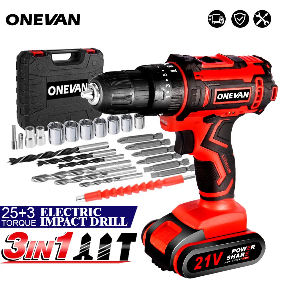 

21V Electric Impact Drill 3 in 1 Cordless Electric Drill Screwdriver 25+3 Turque DIY Household Wireless Power Tool with Battery
