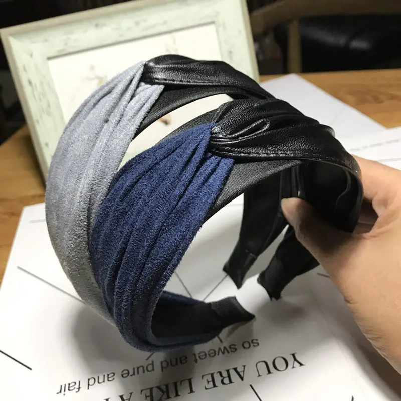 Ободок из искусственной кожи Женский широкий обруч с узлом замши в стиле пэчворк