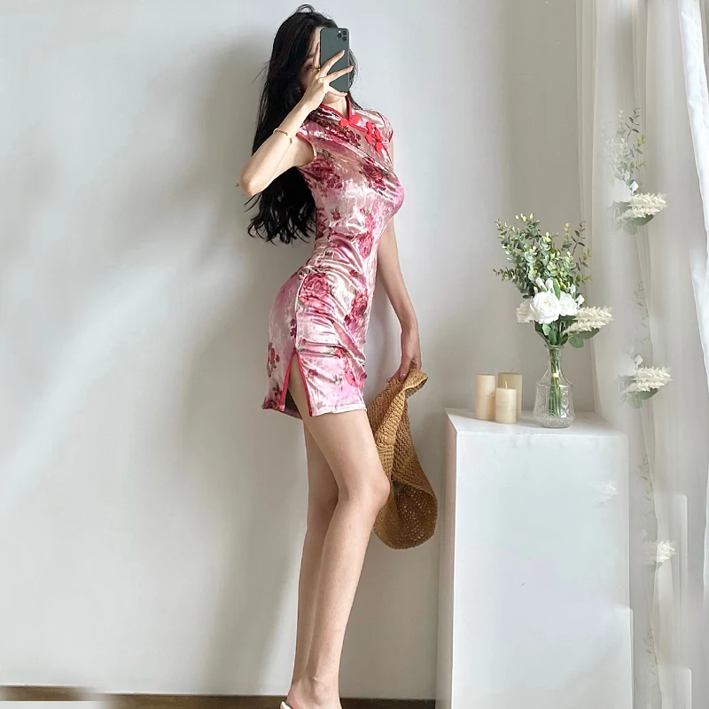 Китайское платье розовые пикантные платья-Ципао платье-Ципао бархатное