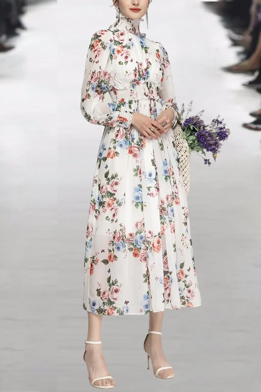 

JCHB 2021 spring and autumn new standing collar long sleeve style temperament printing long sleeve elegant long skirt foreign