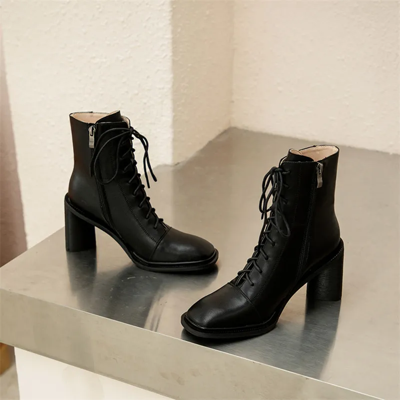 

Meotina Short Boots Women Shoes Real Leather Super High Heel Ladies Boots Square Toe Zip Lace Up Thick Heels Ankle Boots Black