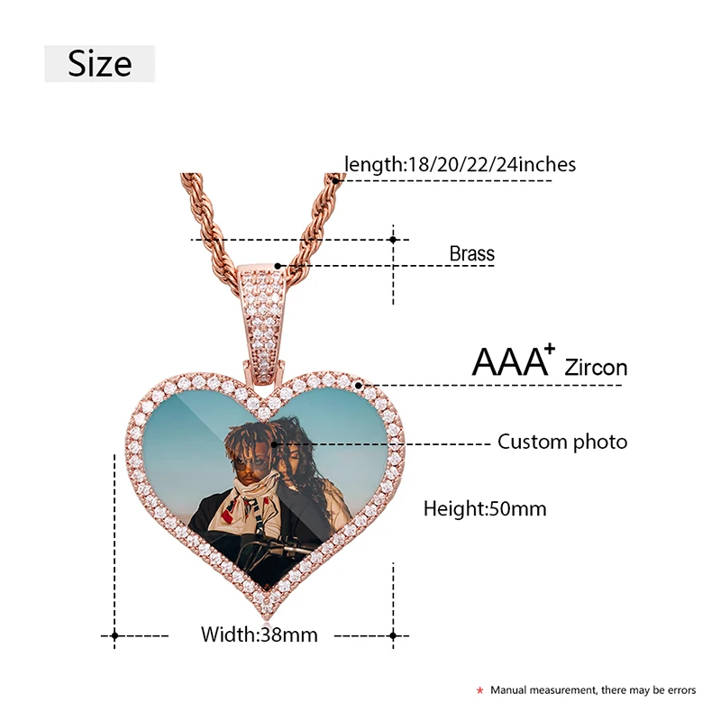 

VIP CZP0385 Heart Crystal Custom Made Picture Memory Medallions Solid Pendant Necklace Cubic Zircon For Men's Hip Hop Jewelry