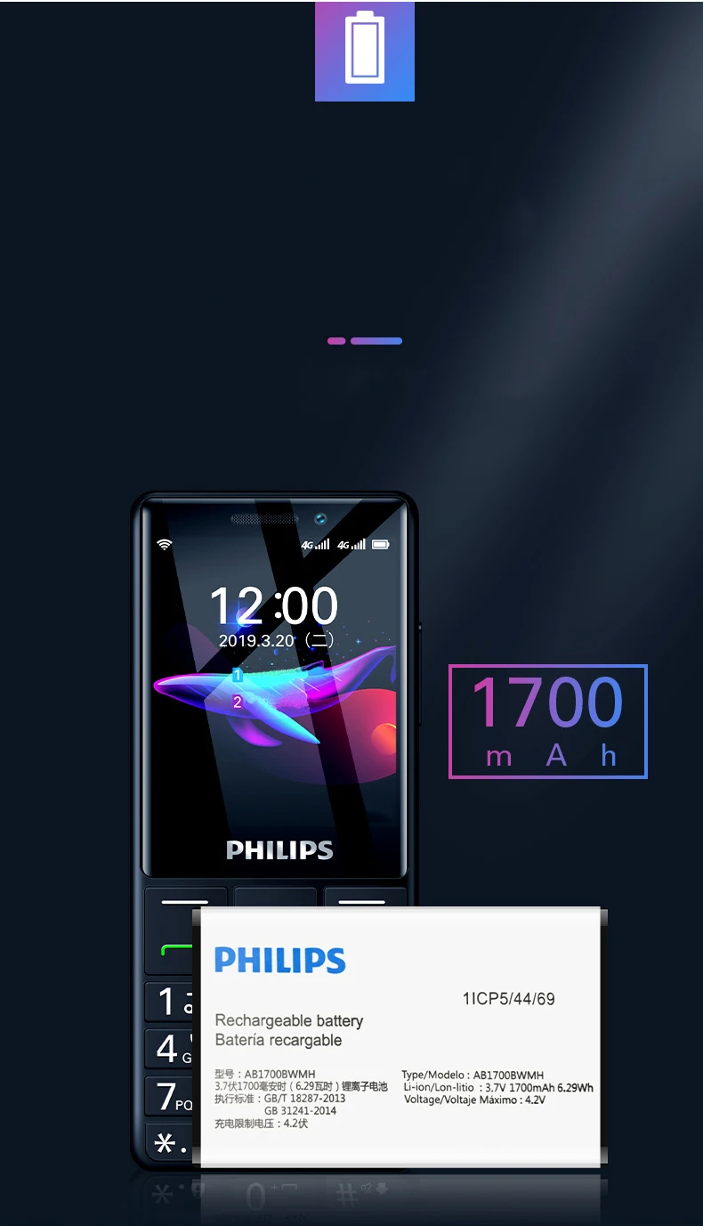 Philips E289 2,4 дюймов 1700 мАч Батарея Одна камера 4 Гб ПЗУ Поддержка карты памяти Dual SIM 4G старый человек клавиатура телефон