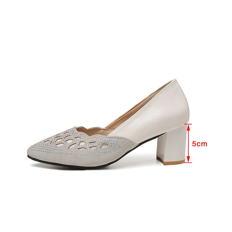 

Women Hollow Out Pumps Middle Heels Office Pu Shoes Fashion Crystal Block Heel Pointed Toe Solid Female Comfort Ladies