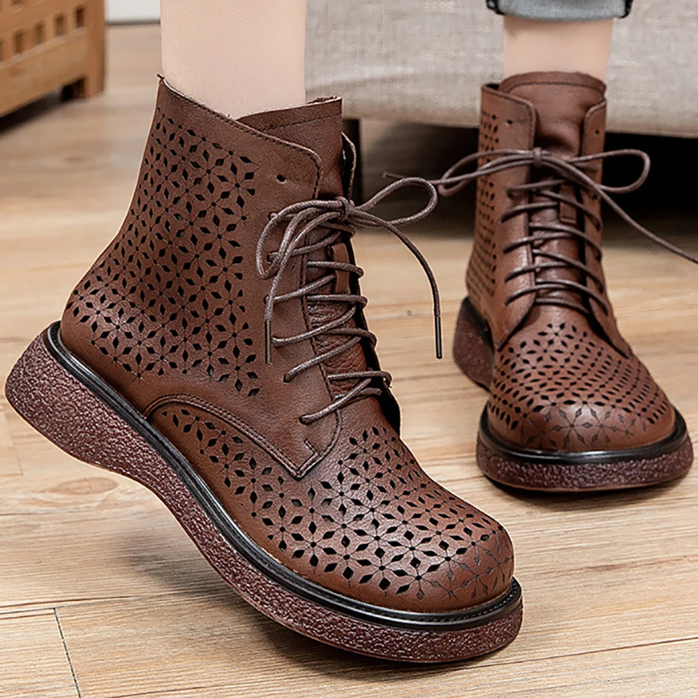 

100% Genuine Cow Leather Summer Boots For Women 2021 Fashion Breathable Casual Shoes Female Soft Comfortable Motor & Biker Botas