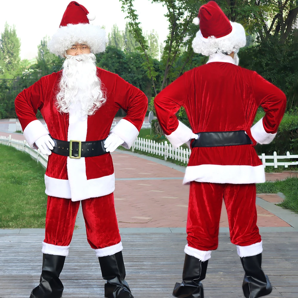 

Christmas Costume Santa Claus Beard Lots Men Cosplay Velvet Clothes Fancy Dress In Christmas Men Costume Suit for Adults