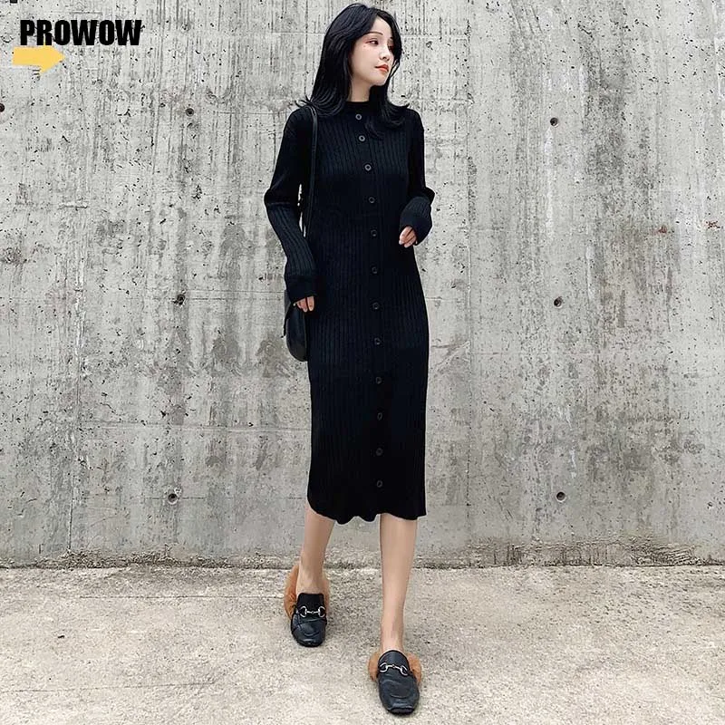

One-Piece Women Fashion Slim Buttocks Dress 2020 Autumn Winter Long Sleeve Vintage Single-Breasted Knitted Sweater Dress Female