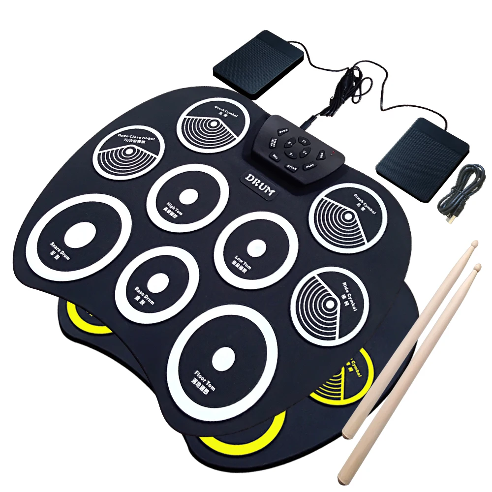Portable Electronics Drum Set Roll Up Kit 9 Silicone Pads USB Powered with Foot Pedals Drumsticks Cable enlarge