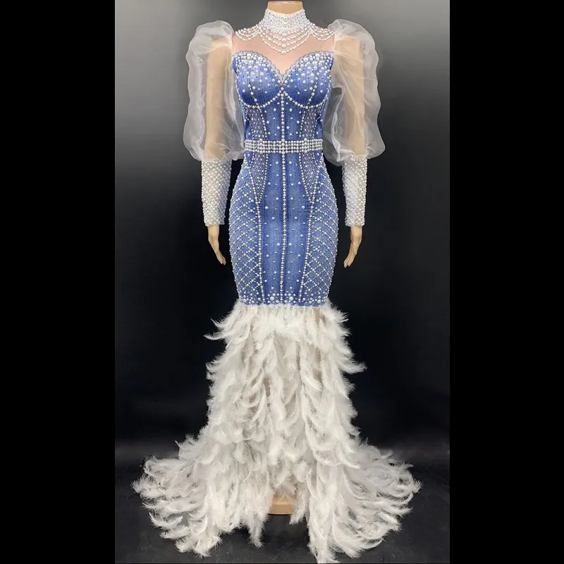 Белый жемчуг стразы Перо хвоста длинное платье День рождения Празднование