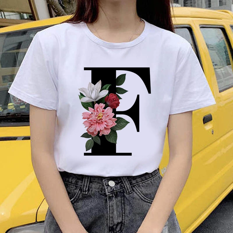 

Summer 26 alphabet letter women T-shirt Girl F To O Alphabet combination flowers Short Sleeve casual Korean Style Tops