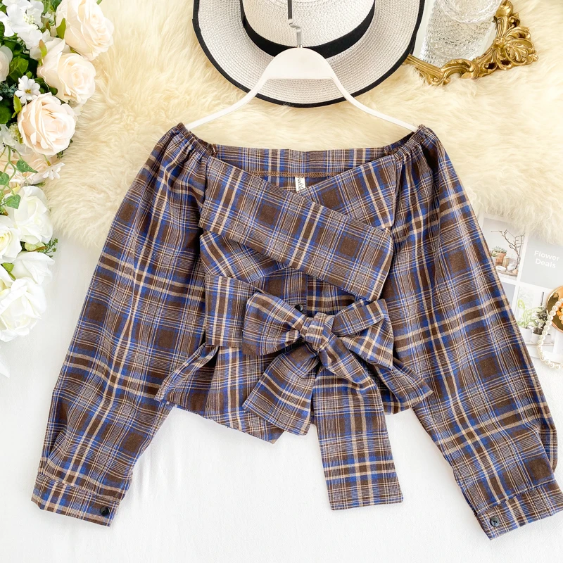 Новинка Женская Сексуальная Повседневная Блузка с открытыми плечами клетчатые