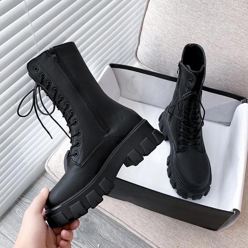Женские белые ботинки осенние модные черные кожаные на платформе готические в