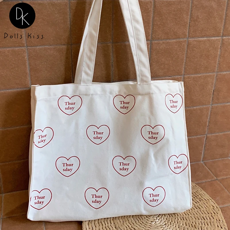 

Women Canvas Shopping Bag Ladies Love Thursday English Printed Shoulder Bag Female Eco-Friendly Grocery Bag Girl Casual Tote Bag
