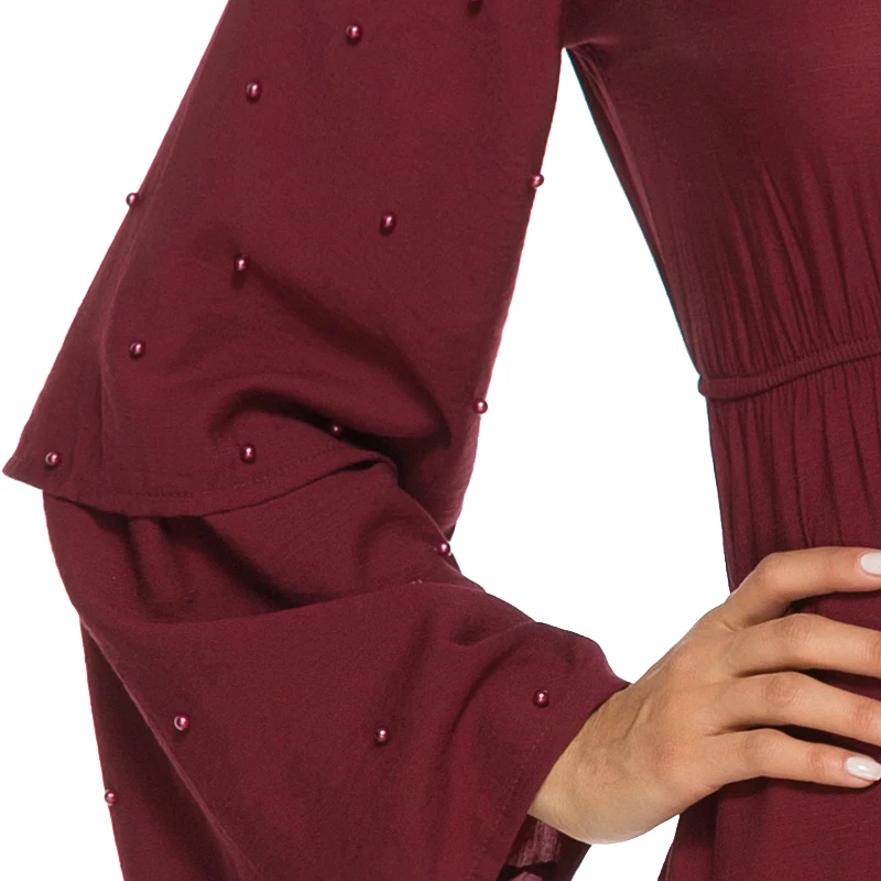 MISSJOY Elegant High Waist Abaya Turkish Dress Women Muslim Solid Color Ruffle Flare Sleeve Diamond Islamic Clothing Casual