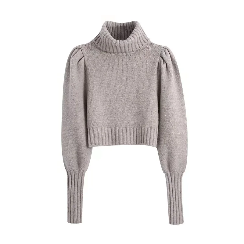 

TRAF Women 2021 Fashion Pure Color Slim Ribbing Hem Knit Sweater Retro Sleeve Long Sleeve Turtleneck Pullover Streetwear