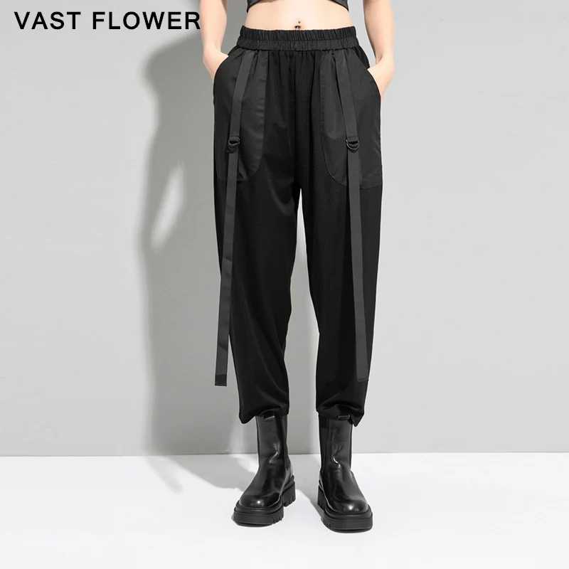 

Женские шаровары с поясом на резинке, черные свободные повседневные брюки с карманами, весна-лето 2021