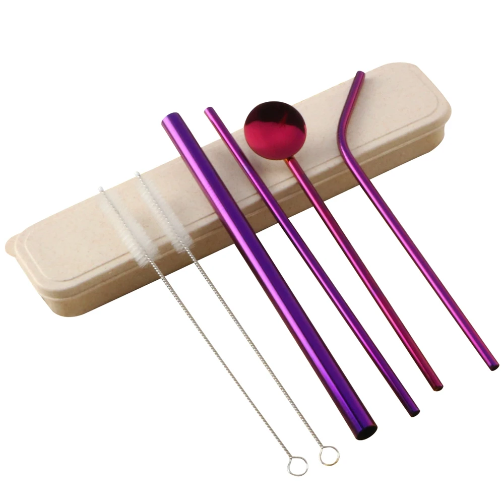 Purple Красочные дома 7 шт./компл. из нержавеющей стали прямые согнутые Соломинки+ ложка+ набор кистей подставка для вина - Цвет: Purple
