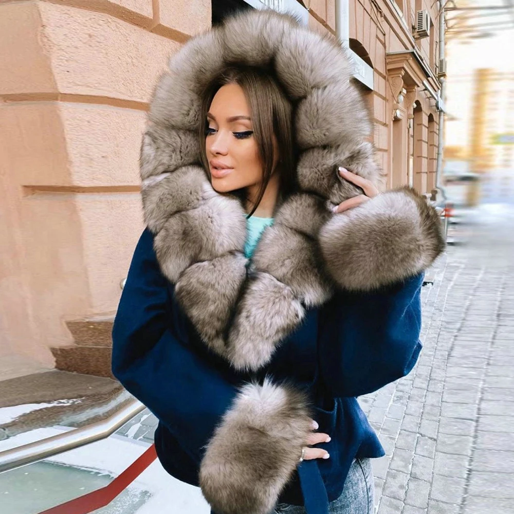 Fashion Fox Fur Wool Blends Coat with Hood Thick Warm Winter New Women Genuine Cashmere Coats with Fox Fur Natural Overcoat 2022 enlarge