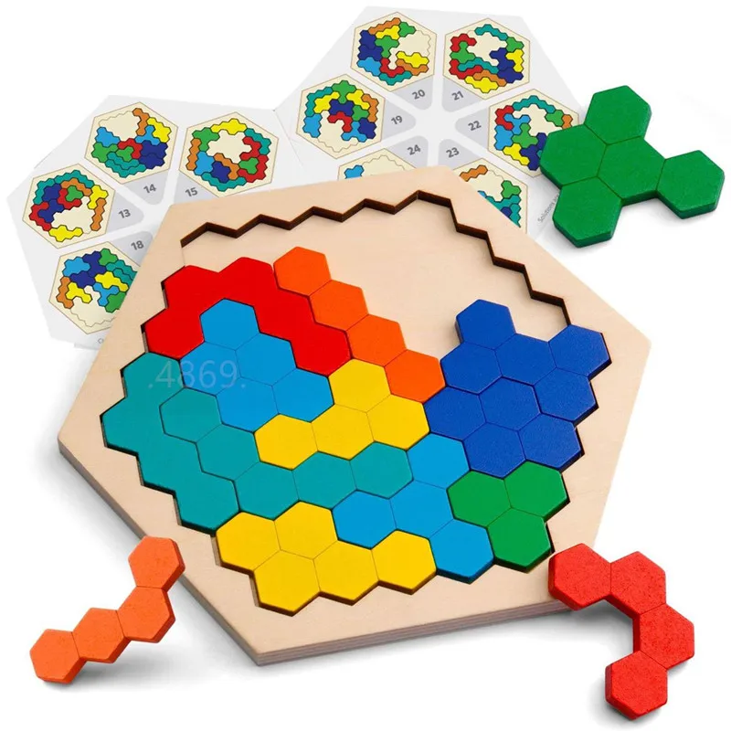 

Wooden Hexagon Puzzle for Kid Adults Shape Pattern Block Tangram Brain Teaser Toy Geometry Logic IQ Game Educational Toy Gift