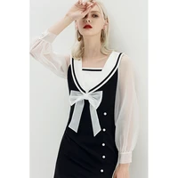 yigelila new arrival fashion patchwork dress square collar single breasted with bow lantern sleeves sheath mid calf dress 65436