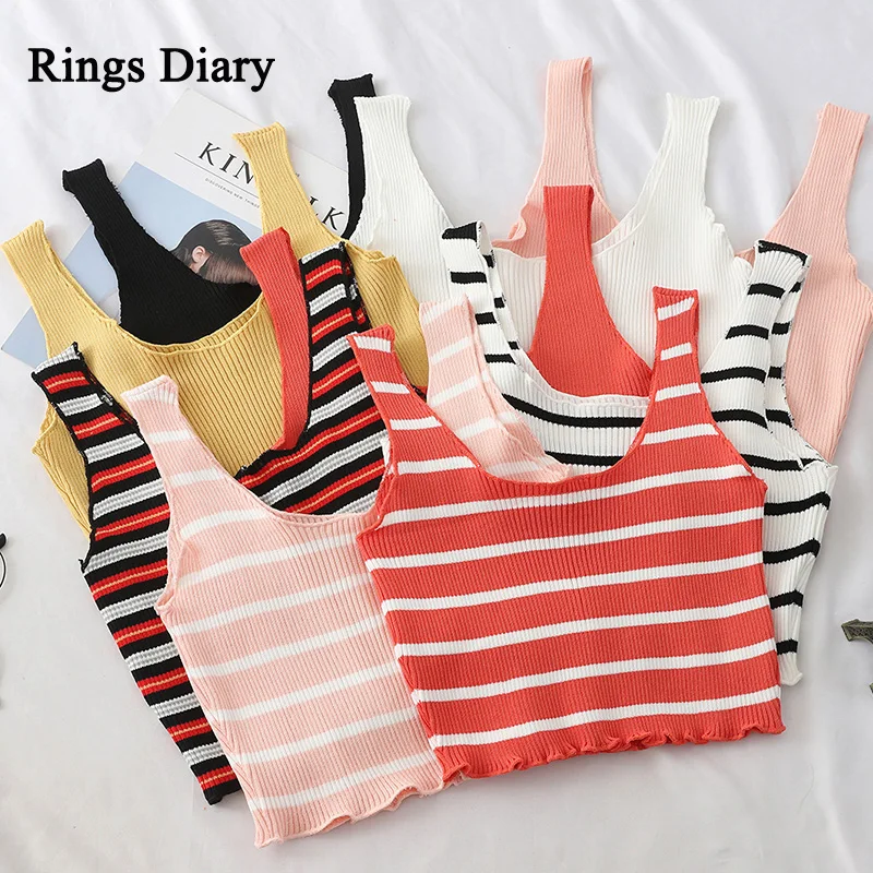 

Rings Diary Knitting Rib Tank Tops Summer Rib Cropped Tank Top Lettuce Edge Sleeveless Sexy Striped Short Tank Top For Women